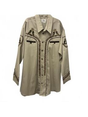Bronco Vintage Western Shirt 2XL Beige Khaki Embroidered Long Sleeve Cowboy